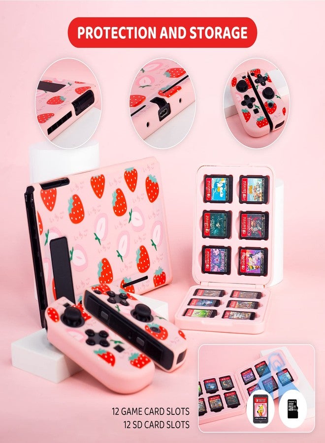 RHOTALL Cute Strawberry Carrying Case for Nintendo Switch, Hard Portable Travel Case for Switch Accessories with Protective Shell, Shoulder Strap, Game Card Case, Screen Protector and 2 Thumb Caps - Image 4