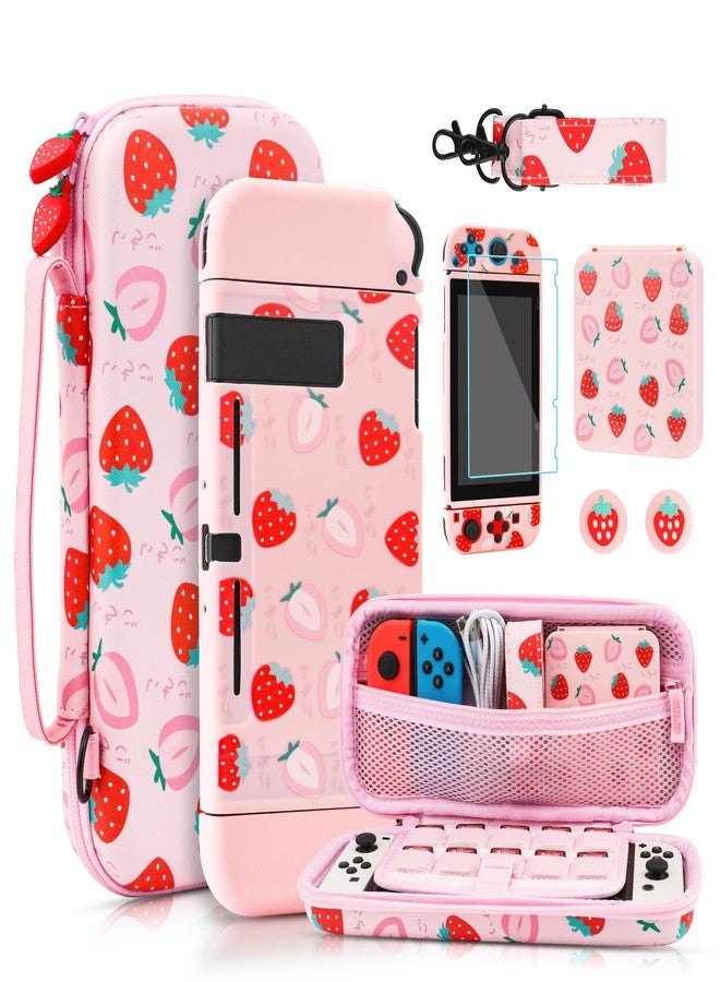 RHOTALL Cute Strawberry Carrying Case for Nintendo Switch, Hard Portable Travel Case for Switch Accessories with Protective Shell, Shoulder Strap, Game Card Case, Screen Protector and 2 Thumb Caps - Image 1