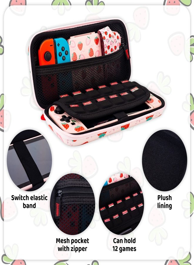 RHOTALL Cute Strawberry Carrying Case for Nintendo Switch, Hard Portable Travel Case for Switch Accessories with Protective Shell, Shoulder Strap, Game Card Case, Screen Protector and 2 Thumb Caps - Image 2