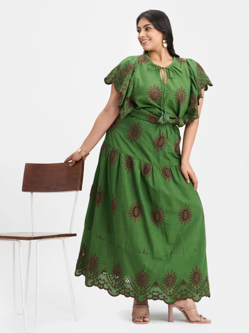 Virgio Solid Cotton Schiffli Maxi Plus Size Skirt for Women