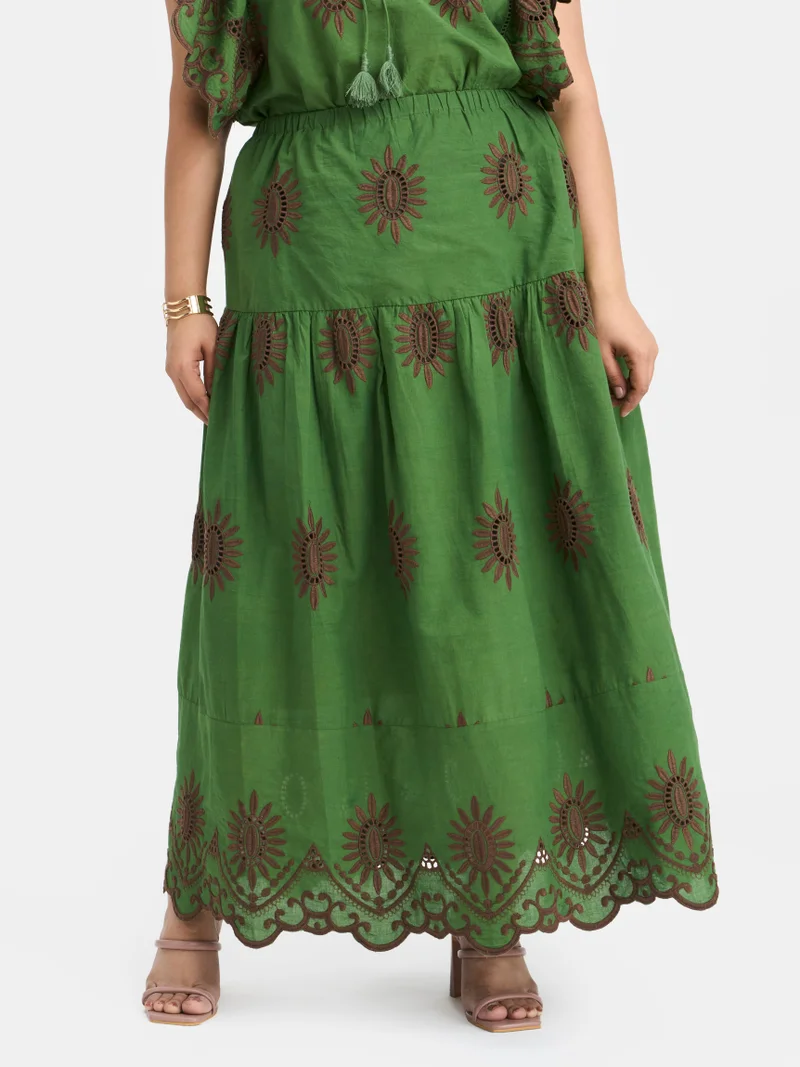Virgio Solid Cotton Schiffli Maxi Plus Size Skirt for Women