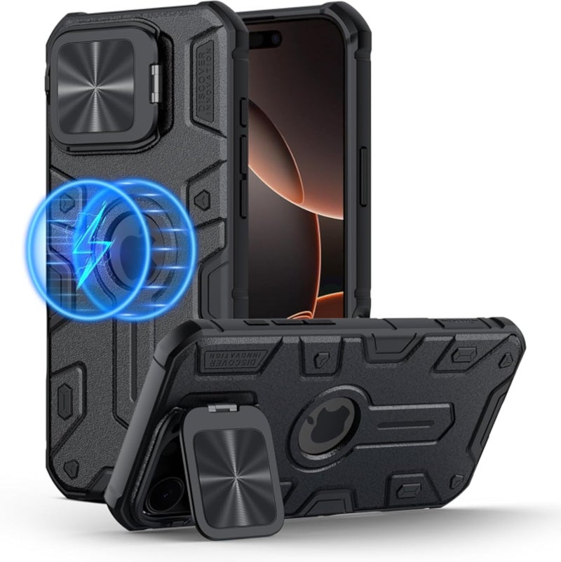 Nillkin Magnetic for iPhone 16 Pro Max Case, Compatible with MagSafe, Military-Grade Case with Invisible Kickstand & Camera Cover, Heavy Duty Magnetic Phone Case for 16 Pro Max 6.9 inch, Black