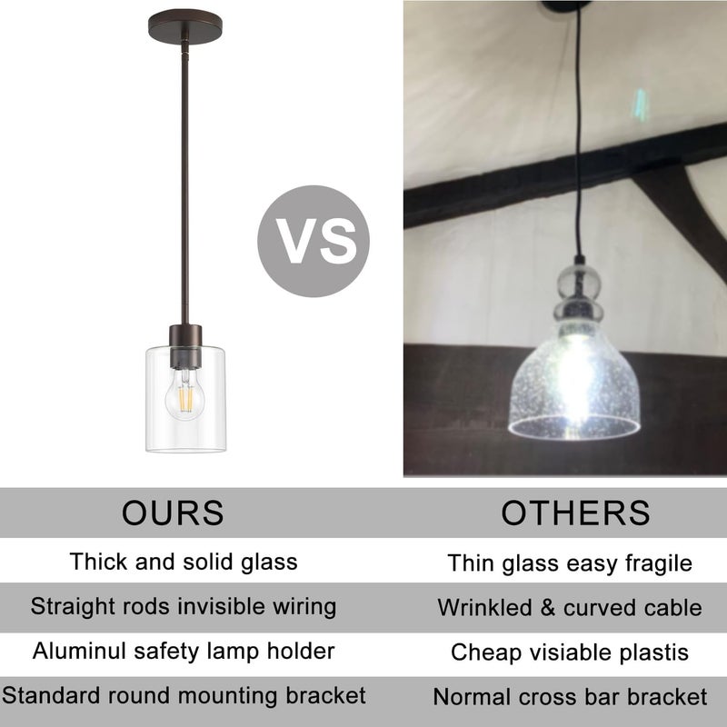 KLSS Oil Rubbed Bronze Pendant Lights Kitchen Island - Clear Glass Pendant Light Fixture Multiple Stems Rods 3 Units 12 Inch 3 Units 4 Inch (3 Pack Oil Rubbed Bronze Downrod) - Image 3