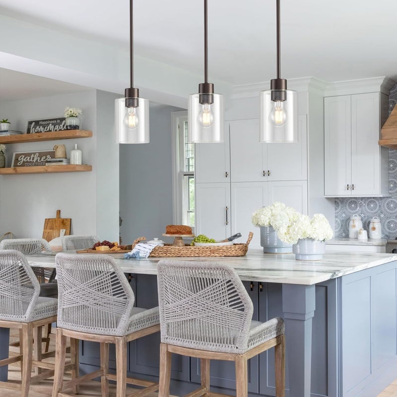 KLSS Oil Rubbed Bronze Pendant Lights Kitchen Island - Clear Glass Pendant Light Fixture Multiple Stems Rods 3 Units 12 Inch 3 Units 4 Inch (3 Pack Oil Rubbed Bronze Downrod) - Image 2