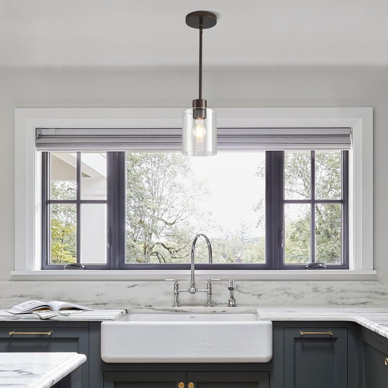 KLSS Oil Rubbed Bronze Pendant Lights Kitchen Island - Clear Glass Pendant Light Fixture Multiple Stems Rods 3 Units 12 Inch 3 Units 4 Inch (3 Pack Oil Rubbed Bronze Downrod) - Image 5