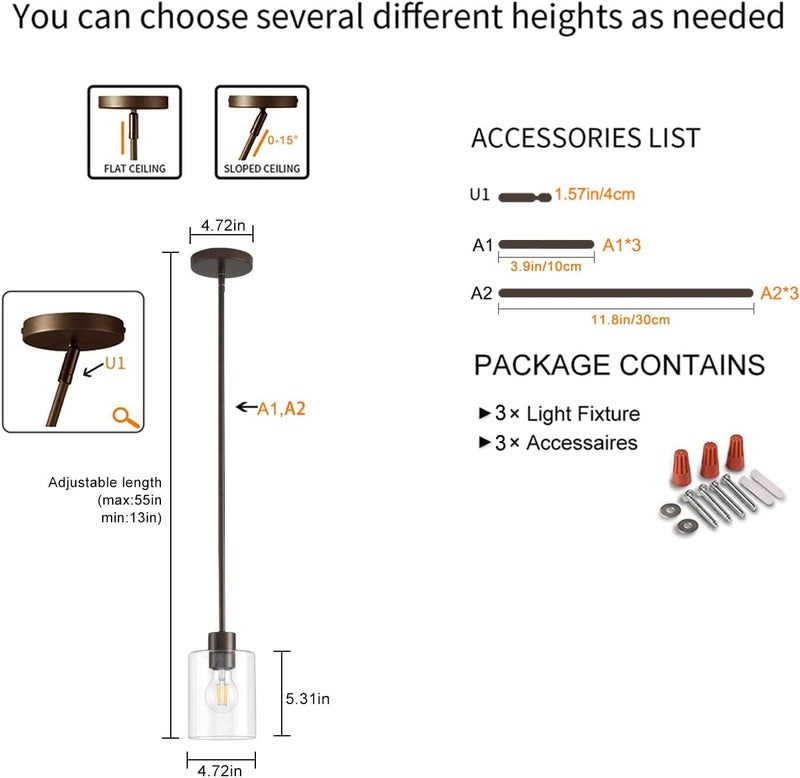 KLSS Oil Rubbed Bronze Pendant Lights Kitchen Island - Clear Glass Pendant Light Fixture Multiple Stems Rods 3 Units 12 Inch 3 Units 4 Inch (3 Pack Oil Rubbed Bronze Downrod) - Image 4