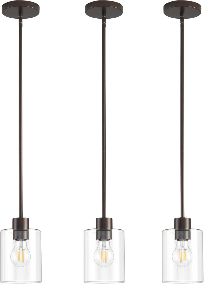 KLSS Oil Rubbed Bronze Pendant Lights Kitchen Island - Clear Glass Pendant Light Fixture Multiple Stems Rods 3 Units 12 Inch 3 Units 4 Inch (3 Pack Oil Rubbed Bronze Downrod) - Image 1