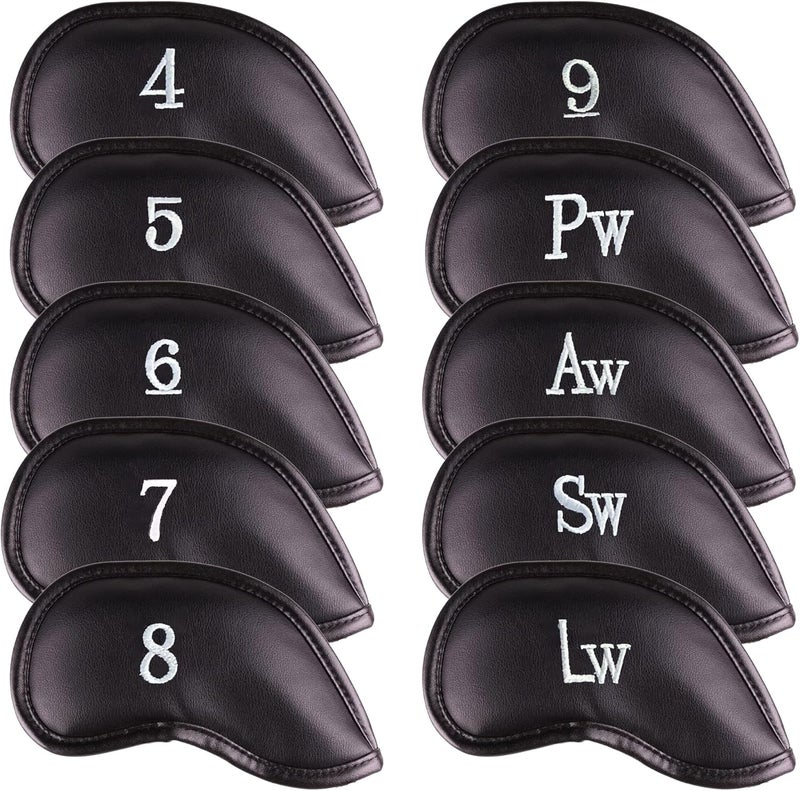 All Teed Up Premium Magnetic Leather Iron and Wedge Golf Club Head Covers | Set of 10 | Fits Most Clubs | Embroidered Club Label on Both Sides of Club Head Cover - Image 1
