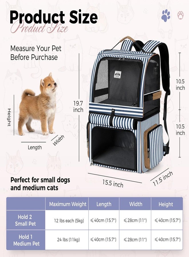 Lekebobor Cat Backpack for 2 Cats - Double-Compartment Pet Carrier for Two Small Cats or One Medium Dog, Fits Up to 24 Lbs, Blue Striped - Image 2