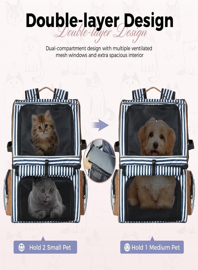 Lekebobor Cat Backpack for 2 Cats - Double-Compartment Pet Carrier for Two Small Cats or One Medium Dog, Fits Up to 24 Lbs, Blue Striped - Image 3