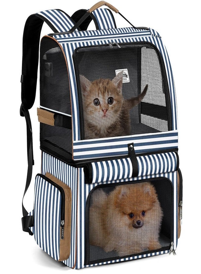 Lekebobor Cat Backpack for 2 Cats - Double-Compartment Pet Carrier for Two Small Cats or One Medium Dog, Fits Up to 24 Lbs, Blue Striped - Image 1