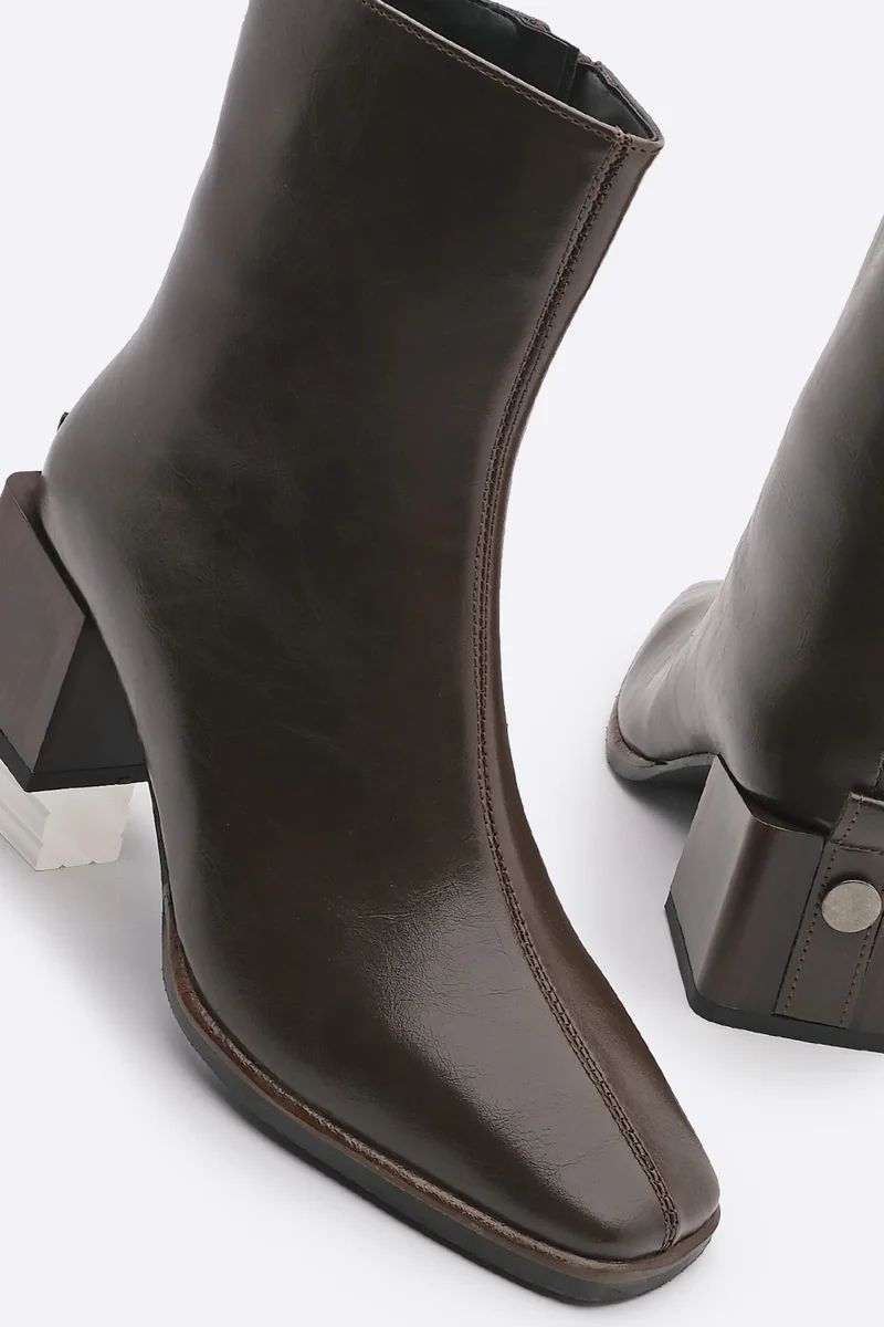 MARJIN Margin Women's Heeled Boots & Booties Blunt Toe Wooden Pattern Heel Zippered Daily Classic Boots Noyes