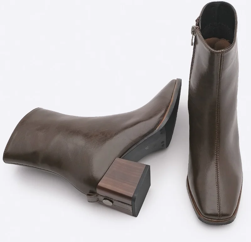 MARJIN Margin Women's Heeled Boots & Booties Blunt Toe Wooden Pattern Heel Zippered Daily Classic Boots Noyes