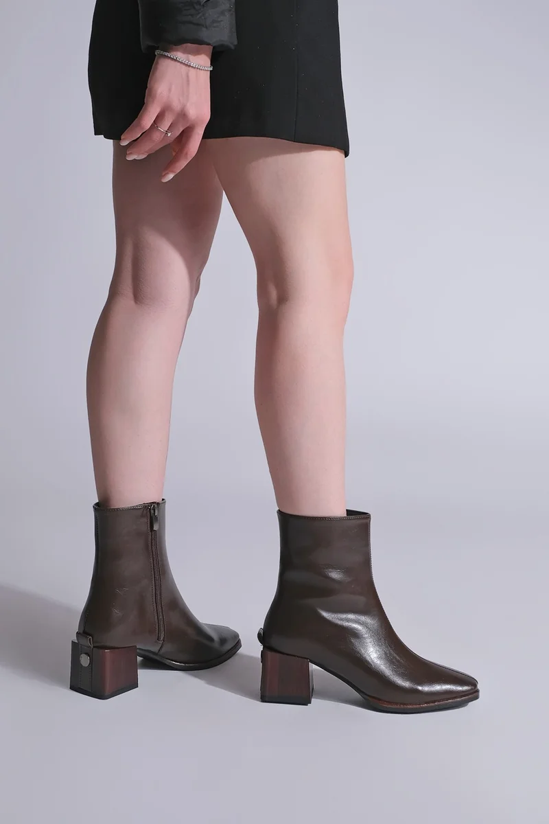 MARJIN Margin Women's Heeled Boots & Booties Blunt Toe Wooden Pattern Heel Zippered Daily Classic Boots Noyes
