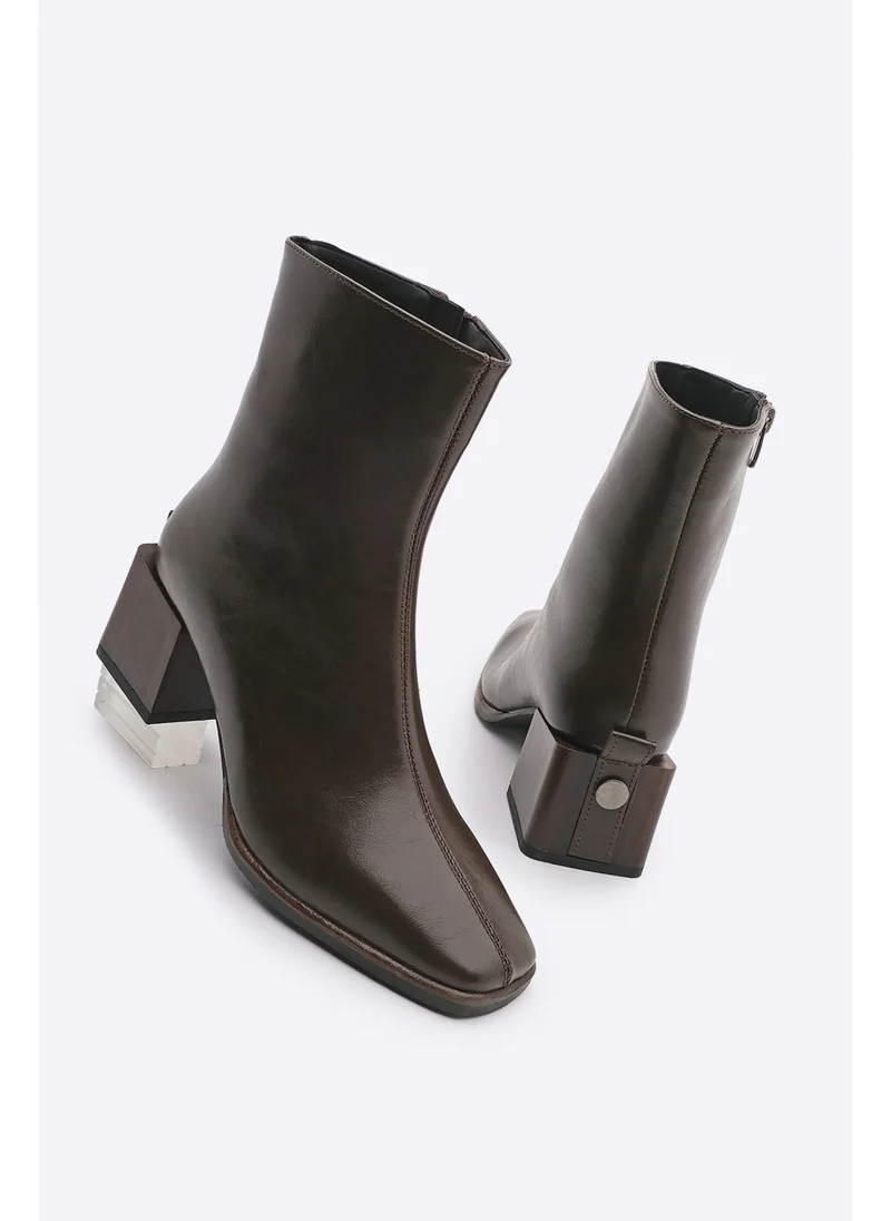 MARJIN Margin Women's Heeled Boots & Booties Blunt Toe Wooden Pattern Heel Zippered Daily Classic Boots Noyes