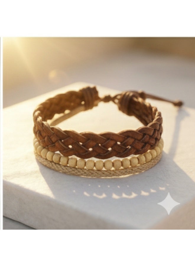 أتش أف أيه سوار رجالي جلد طبيعي متعدد الطبقات – تصميم يدوي أنيق بخرز خشبي وحجر طبيعي – قابل للتعديل – مناسب للاستخدام اليومي والهدايا - Image 1