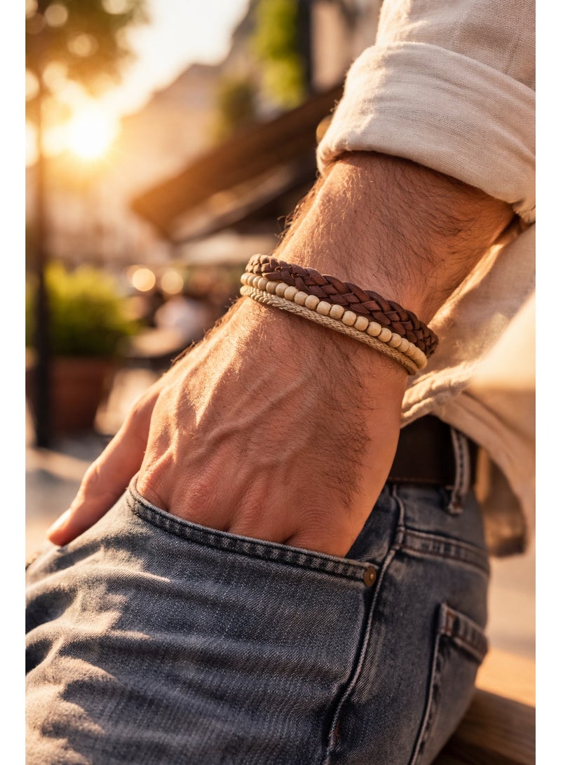 أتش أف أيه سوار رجالي جلد طبيعي متعدد الطبقات – تصميم يدوي أنيق بخرز خشبي وحجر طبيعي – قابل للتعديل – مناسب للاستخدام اليومي والهدايا - Image 2