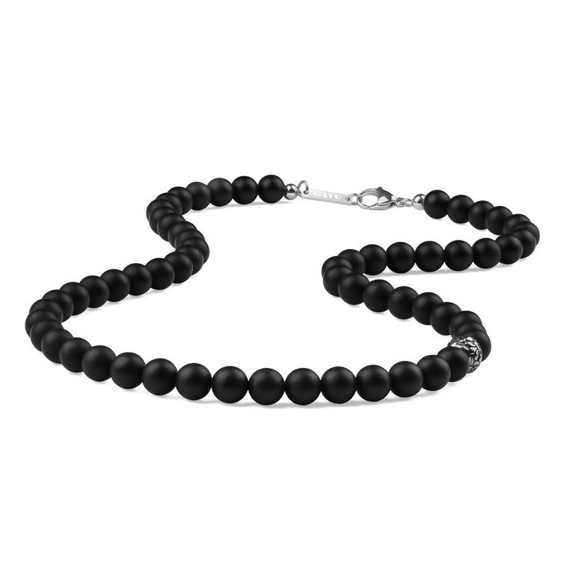 GAVU Men's Crystal Beaded Necklace, Black Onyx Necklace for Men with Fleur De Lis Bead 24" - Image 1