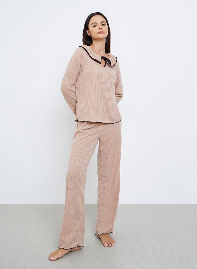 Styli Rib Flounce Tie Detail T-Shirt and Pyjama Set - Image 2