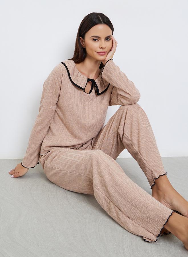 Styli Rib Flounce Tie Detail T-Shirt and Pyjama Set - Image 1