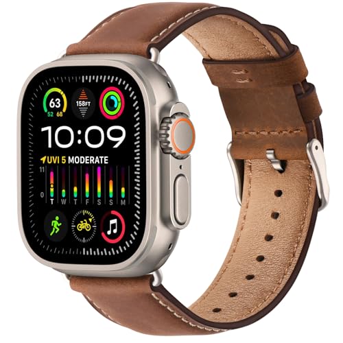 SUNFWR Leather Bands Compatible with Apple Watch Band 49mm 45mm 44mm 42mm for Men Women, Genuine Leather Replacement Strap for iWatch Ultra 2, Ultra, SE2, SE, Series 9 8 7 6 5 4 3 2 1 (Red - Image 1