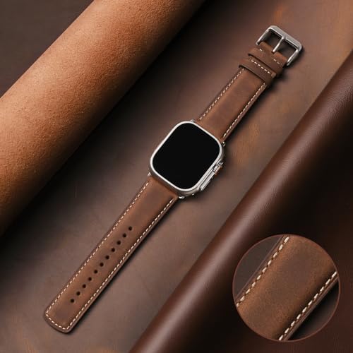 SUNFWR Leather Bands Compatible with Apple Watch Band 49mm 45mm 44mm 42mm for Men Women, Genuine Leather Replacement Strap for iWatch Ultra 2, Ultra, SE2, SE, Series 9 8 7 6 5 4 3 2 1 (Red - Image 2
