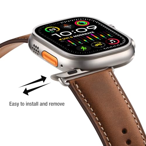 SUNFWR Leather Bands Compatible with Apple Watch Band 49mm 45mm 44mm 42mm for Men Women, Genuine Leather Replacement Strap for iWatch Ultra 2, Ultra, SE2, SE, Series 9 8 7 6 5 4 3 2 1 (Red - Image 4