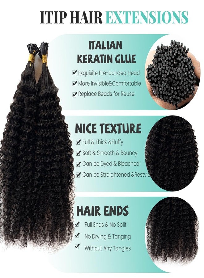Ubetta I Tip Hair Extensions Human Hair, Kinky Curly Natural Black Hair Extensions Real Human Hair i Tips Pre Bonded Keratin Cold Fusion I tip Extension for 3C 4A Hair Black Women 100 Strands 18 Inch Grams - Image 3