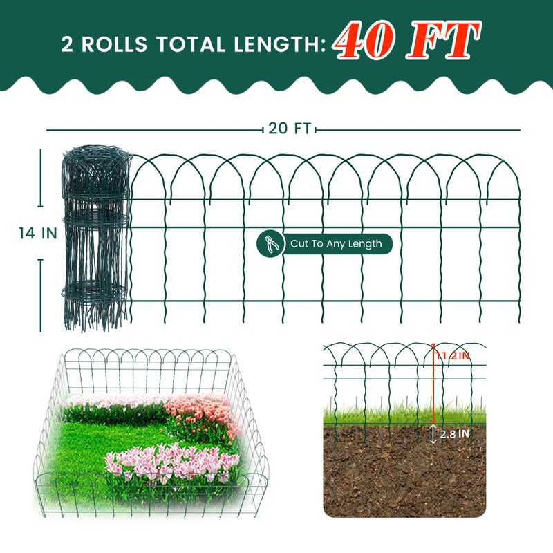 PROWORX 2 Rolls Green Garden Fence Border, 14 in x 40 ft Metal Folding Fence Wire Roll Garden Border Edging, Garden Fence Roll Flower Bed Fencing for Outdoor Yard - Image 4