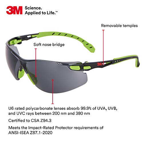 3M Safety Glasses, Solus 1000, S1202SGAF, ANSI Z87, Scotchgard Anti-Fog, Gray Lens, Green/Black Frame, Padded Temple, Soft Nosebridge, UV Protection, Premium Eye Protection - Image 2
