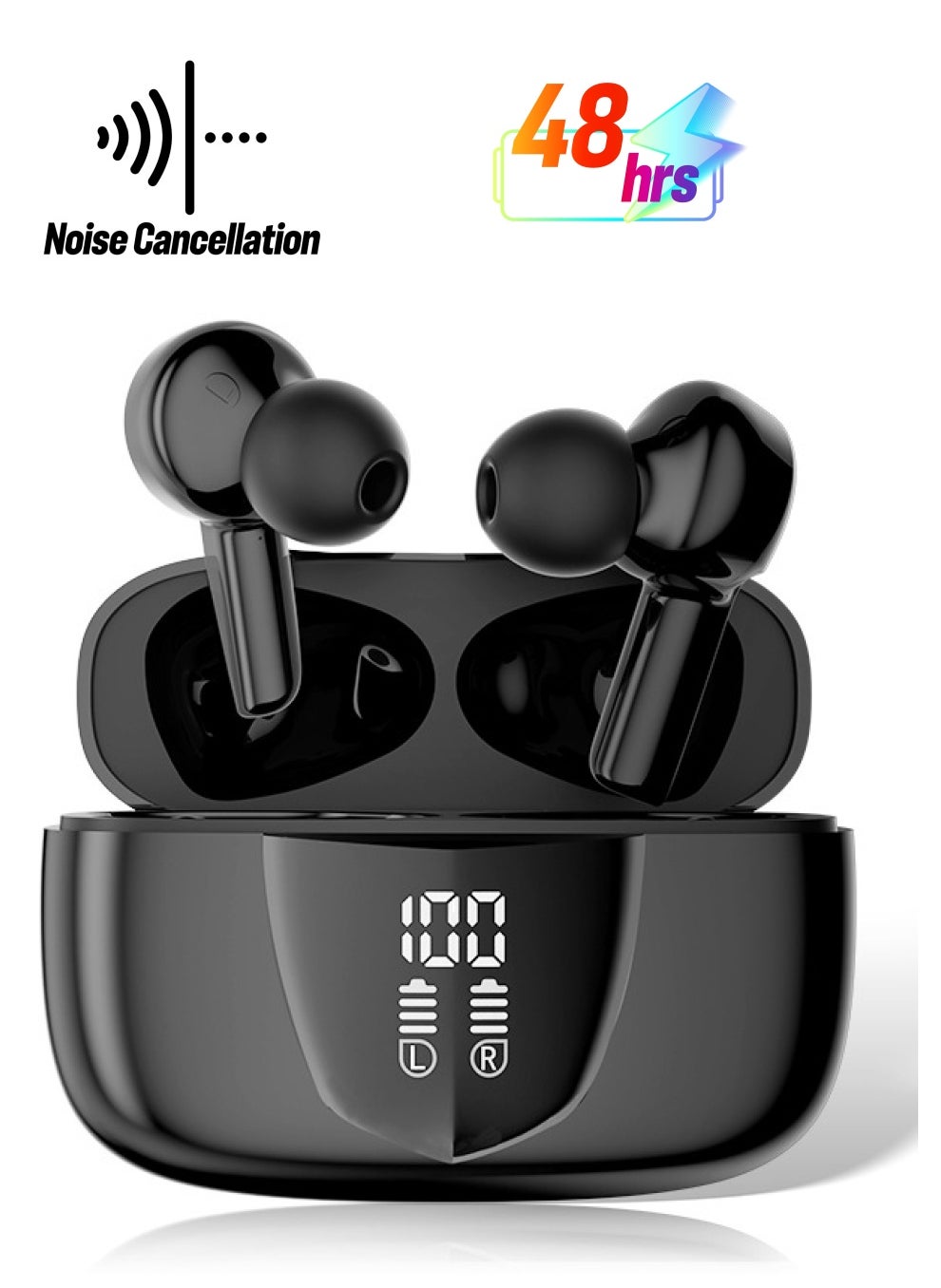 WAPIK Korean Brand Bluetooth Earphones RS1 Fully In-Ear True Wireless Earbuds, Ultra-Light 3.9g, Bluetooth 5.3, Powerful Bass & ENC Noise Cancellation, 48H Playtime, LED Power Display, IPX6 Waterproof, Clear Calls & Premium Sound, Black 