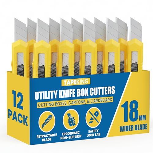 Tape King Utility Knife Set (12 Pack) | 18mm Wide Blade Box Cutter | Retractable Design, Compact And Versatile for Home, Crafts, Warehouse, Cartons, Cardboard, Office Supplies and Packaging - Image 1