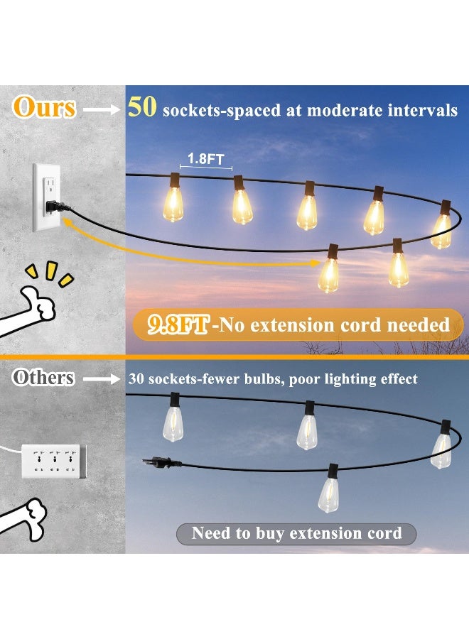 Brightever LED Outdoor String Lights 100FT Patio Lights with 52 Shatterproof ST38 Vintage Edison Bulbs Outside Hanging Light Waterproof for Porch Deck Garden Backyard Balcony Dimmable 2700K - Image 3