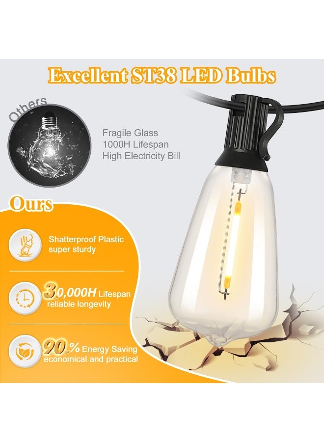 Brightever LED Outdoor String Lights 100FT Patio Lights with 52 Shatterproof ST38 Vintage Edison Bulbs Outside Hanging Light Waterproof for Porch Deck Garden Backyard Balcony Dimmable 2700K - Image 2
