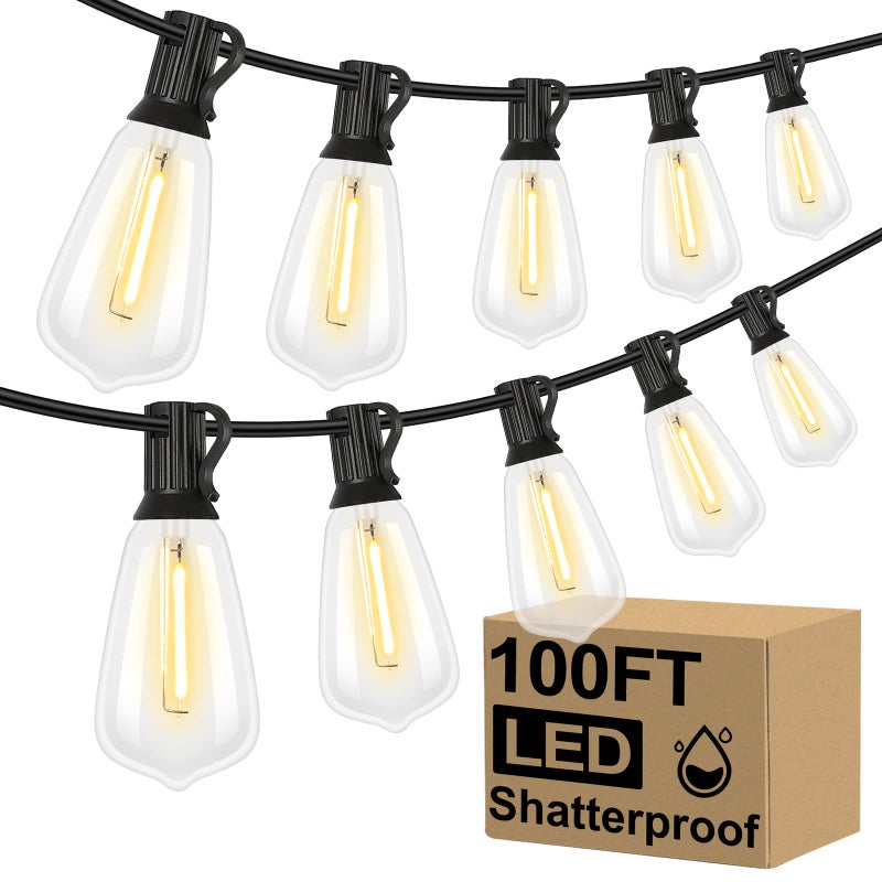 Brightever LED Outdoor String Lights 100FT Patio Lights with 52 Shatterproof ST38 Vintage Edison Bulbs Outside Hanging Light Waterproof for Porch Deck Garden Backyard Balcony Dimmable 2700K - Image 1