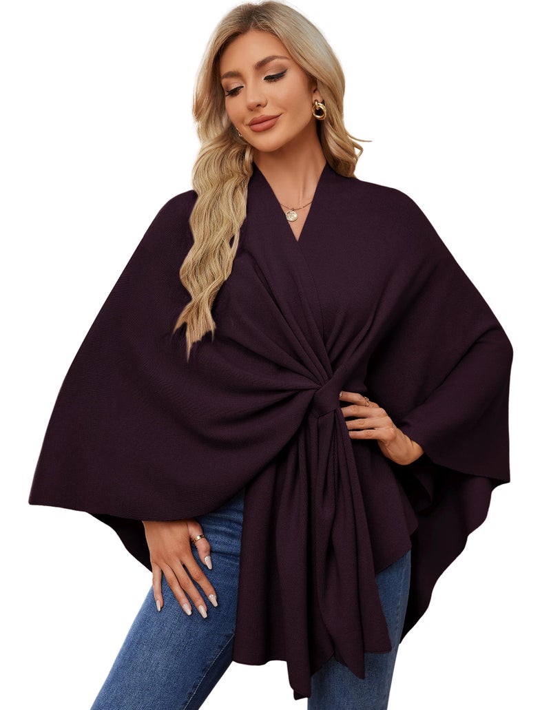PULI Women's Elegant Shawl Wraps Soft Open Front Poncho Sweater for Spring Fall Winter burgundy - Image 1