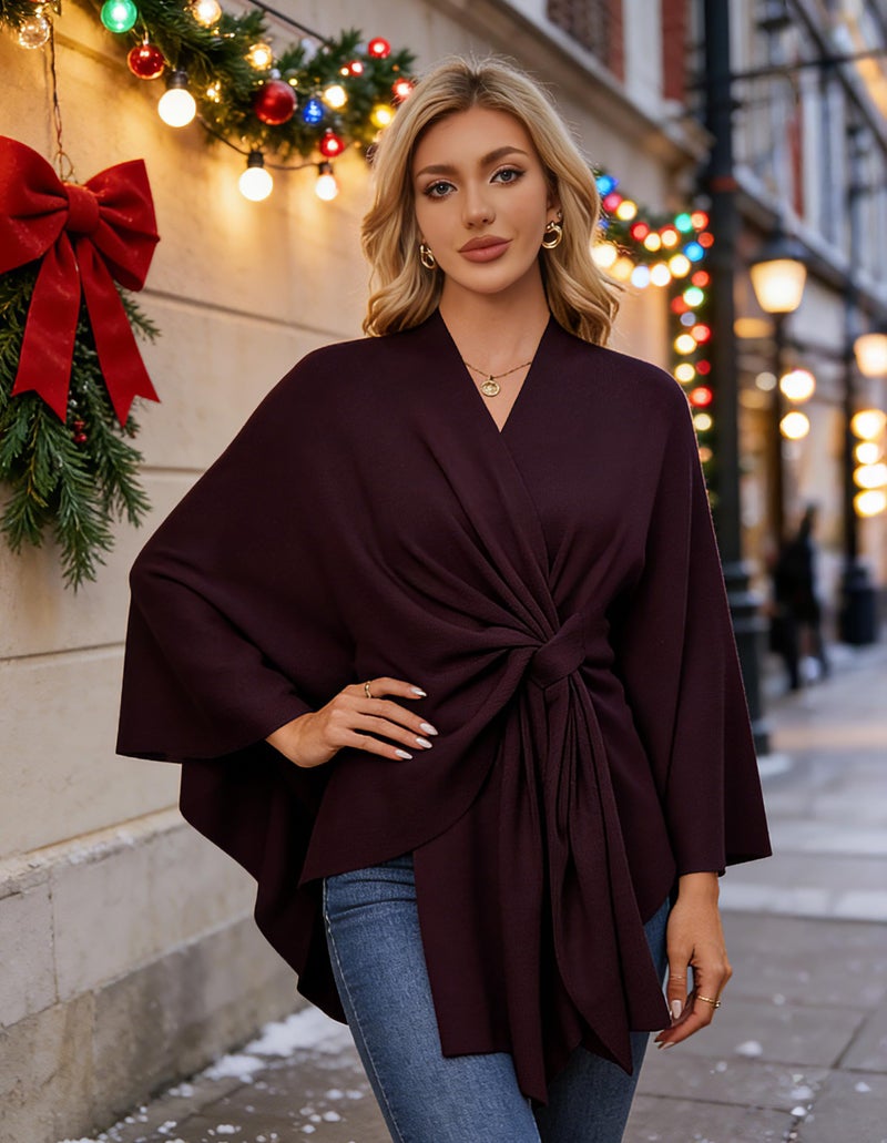 PULI Women's Elegant Shawl Wraps Soft Open Front Poncho Sweater for Spring Fall Winter burgundy - Image 2