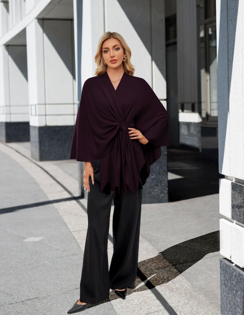 PULI Women's Elegant Shawl Wraps Soft Open Front Poncho Sweater for Spring Fall Winter burgundy - Image 3
