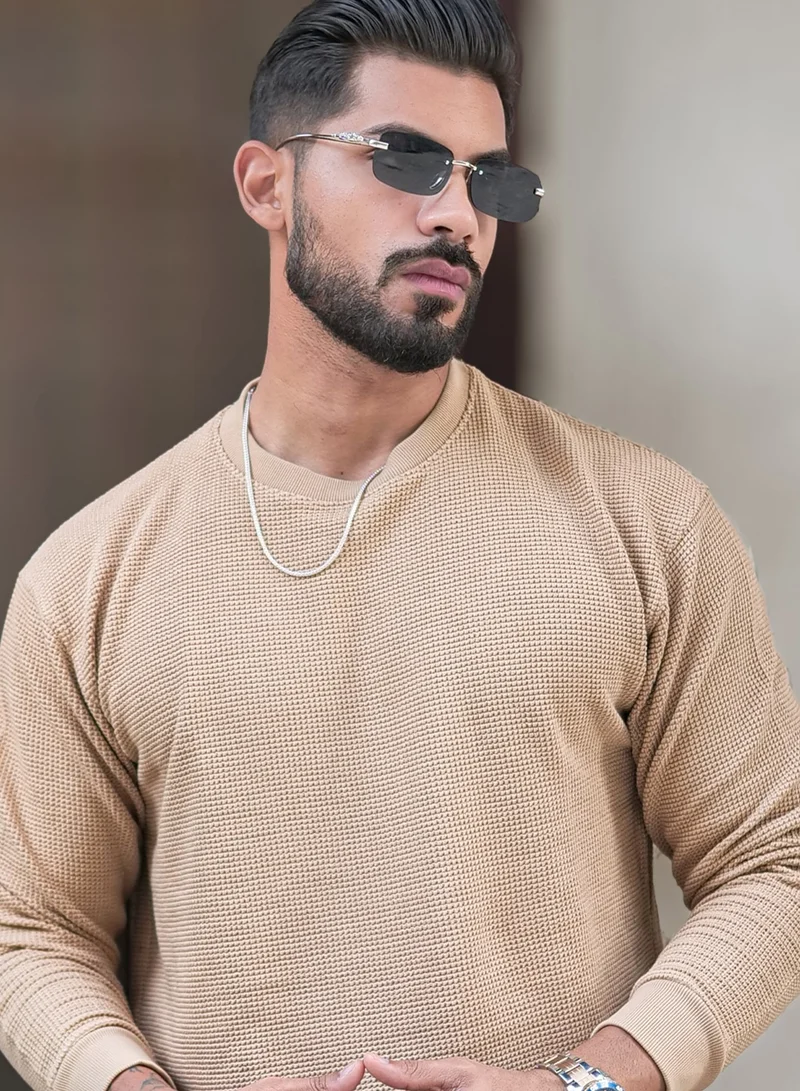 مانياك سويت شيرت قطن بيج رجالي بياقة دائرية وأكمام طويلة بتصميم سادة وملمس مميز