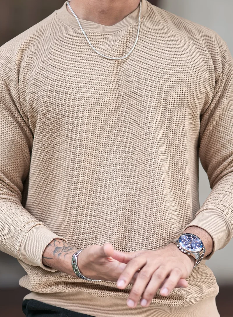 Maniac  Maniac Mens Solid Textured Round Neck Full Sleeve Beige Cotton Sweatshirt for Men | Best Price UAE