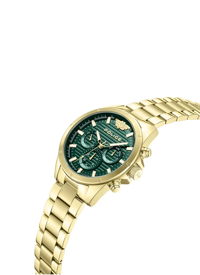 POLICE Malawi 45mm Men's Multifunction Watch with Dark Green Dial & 316L Gold Plated Stainless Steel Bracelet