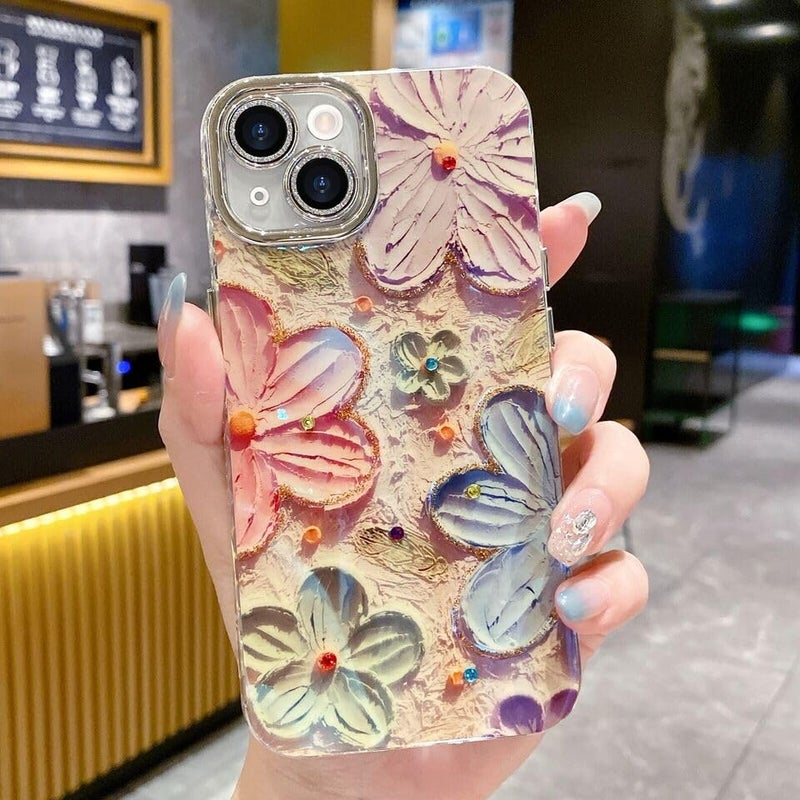 Elzzi حافظة متوافقة مع آيفون 13 بتصميم زهرة ليزر ثلاثي الأبعاد زيتية ملونة جميلة باللون الأزرق مع حماية كاملة للكاميرا، مضادة للصدمات، غلاف لامع لفتاة وامرأة، وردي - Image 3