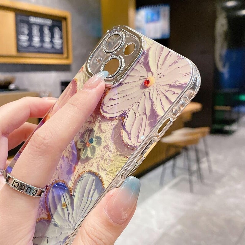 Elzzi حافظة متوافقة مع آيفون 13 بتصميم زهرة ليزر ثلاثي الأبعاد زيتية ملونة جميلة باللون الأزرق مع حماية كاملة للكاميرا، مضادة للصدمات، غلاف لامع لفتاة وامرأة، وردي - Image 5