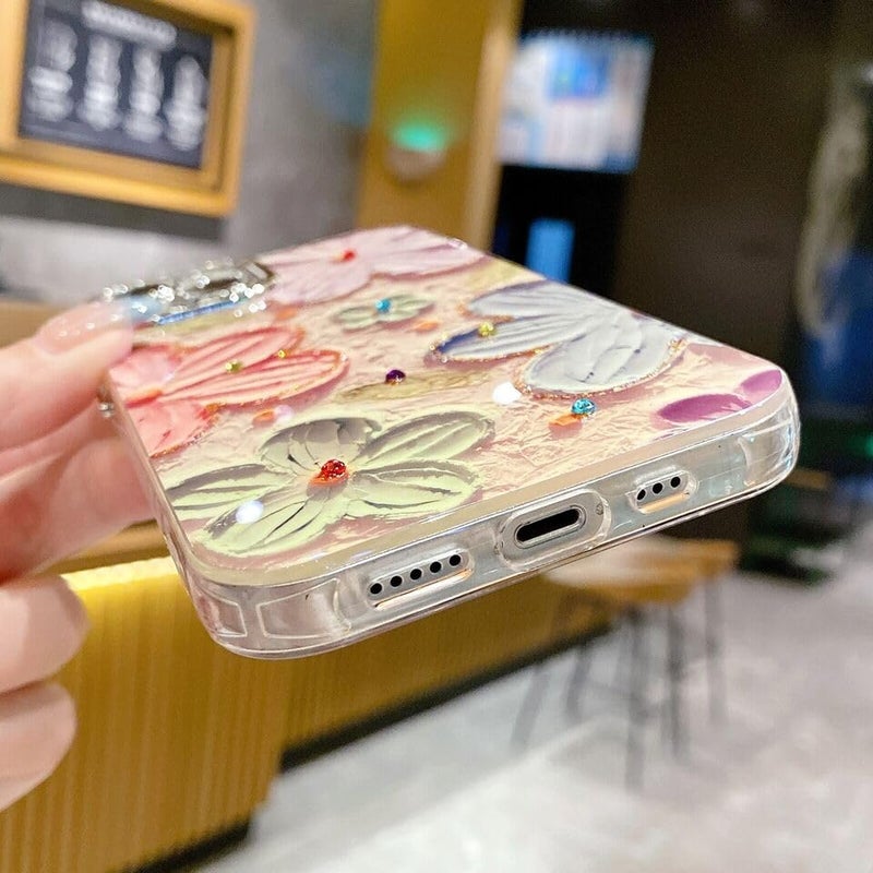 Elzzi حافظة متوافقة مع آيفون 13 بتصميم زهرة ليزر ثلاثي الأبعاد زيتية ملونة جميلة باللون الأزرق مع حماية كاملة للكاميرا، مضادة للصدمات، غلاف لامع لفتاة وامرأة، وردي - Image 4
