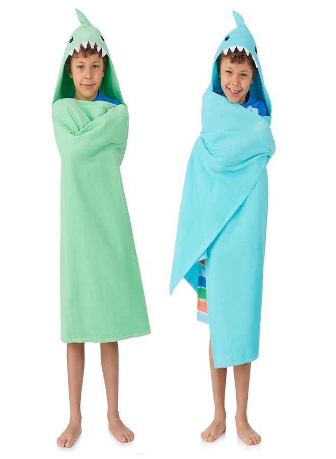 Sainteve Saint Eve Kids Hooded Bath Towel Set - 2 Pack Super Soft and Absorbent Fun Shark Towels - Beach, Bath & Pool Covers for Girls & Boys, Green & Blue - Image 1