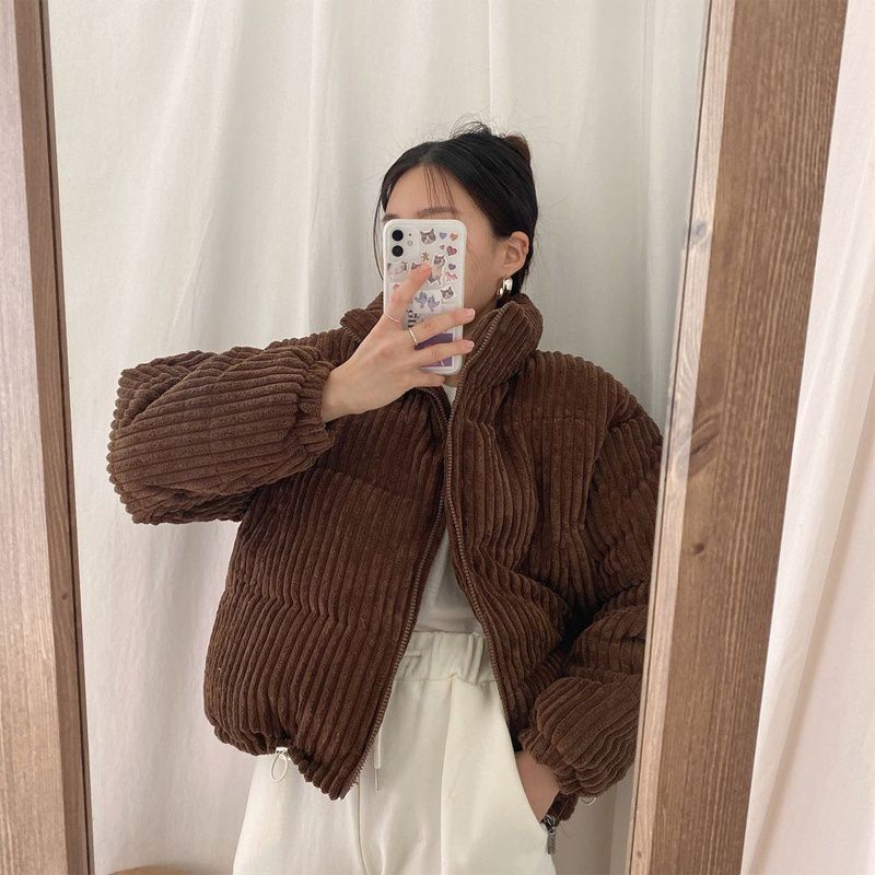 South Korea chic autumn and winter age-reducing pink skin-looking white stand collar pit design loose corduroy cotton-padded short coat for women Pink  - Image 4