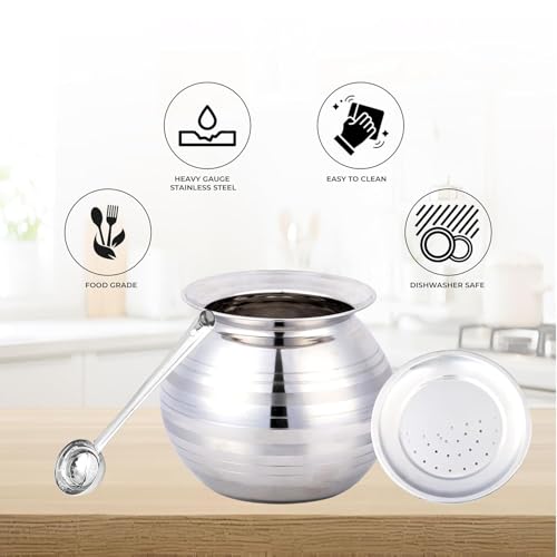 Thangam Stainless Steel Rice Cooking Pot 4 Litre with Vadi Plate | Traditional Handi for Rice, Pongal, Milk Boiling & Cooking | Heavy Gauge Silver Cooking Vessel (L-18 cmxW-18 cmxH-18.5 cm) - Image 4