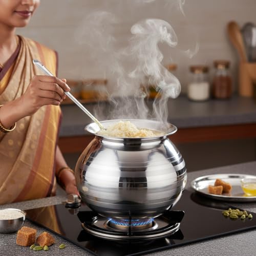 Thangam Stainless Steel Rice Cooking Pot 4 Litre with Vadi Plate | Traditional Handi for Rice, Pongal, Milk Boiling & Cooking | Heavy Gauge Silver Cooking Vessel (L-18 cmxW-18 cmxH-18.5 cm) - Image 3