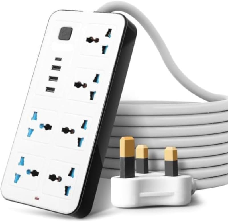 10 in1 Socket Extension, 6-Way Power Strip Extension Cord (5 Meters) – 2000W Heavy Duty Socket with 2 USB Ports and 1 Type-C (3.4A Auto-ID), Anti-Static & Surge Protection for Home & Office - Image 1