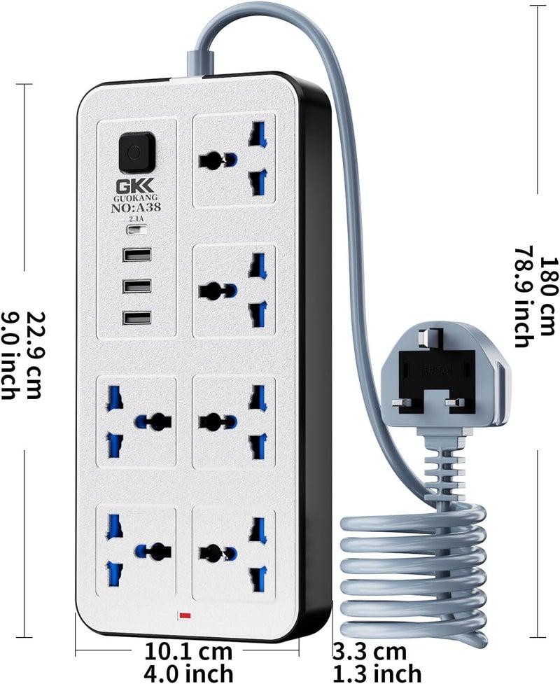 10 in1 Socket Extension, 6-Way Power Strip Extension Cord (5 Meters) – 2000W Heavy Duty Socket with 2 USB Ports and 1 Type-C (3.4A Auto-ID), Anti-Static & Surge Protection for Home & Office - Image 3